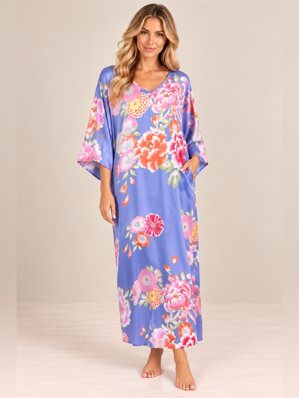 Natori Lavender Pink Floral Satin Kaftan Lounge Dress Blooms